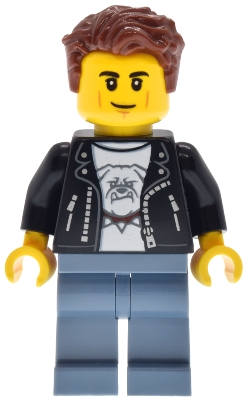 LEGO Hot Rod Driver - Male, Black Leather Jacket, Sand Blue Legs, Reddish Brown Hair minifigure