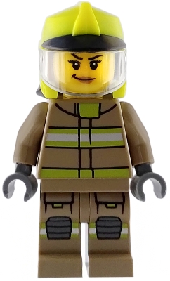 LEGO Fire - Female, Dark Tan Jacket and Legs with Reflective Stripes, Neon Yellow Fire Helmet, Trans-Clear Visor, Nougat Lips Smirk minifigure