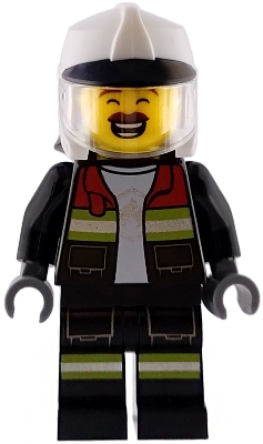 LEGO Fire - Male, Black Open Jacket and Legs with Reflective Stripes and Red Collar, White Fire Helmet, Trans-Clear Visor, Reddish Brown Moustache minifigure