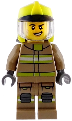 LEGO Fire - Male, Dark Tan Jacket and Legs with Reflective Stripes, Neon Yellow Fire Helmet, Trans-Clear Visor, Scuff Mark minifigure