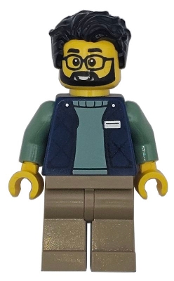 LEGO Delivery Worker - Male, Dark Blue Bodywarmer over Sand Green Sweater, Dark Tan Legs, Black Hair minifigure