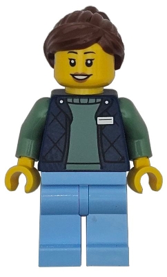 LEGO Delivery Worker - Female, Dark Blue Bodywarmer over Sand Green Sweater, Bright Light Blue Legs, Reddish Brown Hair, Hearing Aid minifigure