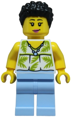LEGO Tourist - Female, White Sleeveless Top with Lime Palm Leaves, Bright Light Blue Legs, Black Hair minifigure
