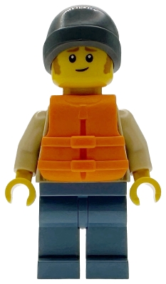 LEGO Man - Tan Knit Cable Sweater, Orange Life Jacket, Sand Blue Legs, Dark Bluish Gray Beanie minifigure