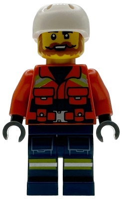 LEGO Coast Guard City - Male, Reddish Orange Jacket with Pockets and Reflective Stripes, Dark Blue Legs with Pockets and Reflective Stripes, White Sports Helmet minifigure