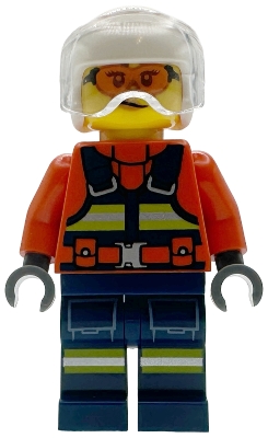 LEGO Coast Guard City Helicopter Pilot - Female, Reddish Orange Jacket with Dark Blue Safety Vest, Dark Blue Legs with Pockets and Reflective Stripes, White Flight Helmet minifigure