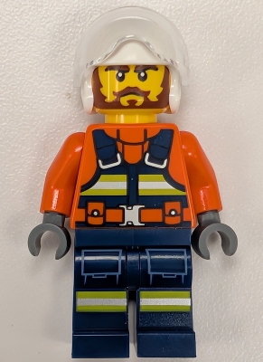LEGO Coast Guard City Helicopter Pilot - Male, Reddish Orange Jacket with Dark Blue Safety Vest, Dark Blue Legs with Pockets and Reflective Stripes, White Flight Helmet minifigure
