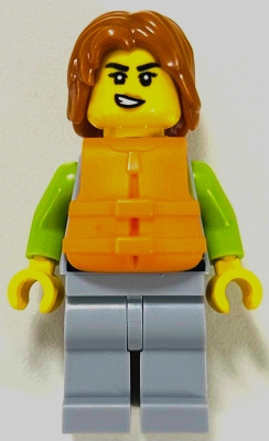 LEGO Woman - Light Bluish Gray and Lime Wetsuit, Light Bluish Gray Legs, Dark Orange Hair, Orange Life Jacket minifigure