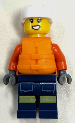 LEGO Coast Guard City - Female, Reddish Orange Jacket with Pockets and Reflective Stripes, Dark Blue Legs with Pockets and Reflective Stripes, Orange Life Jacket, White Sports Helmet minifigure