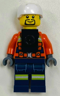 LEGO Coast Guard City - Male, Reddish Orange Jacket with Pockets and Reflective Stripes, Dark Blue Legs with Pockets and Reflective Stripes, White Sports Helmet, Black Neck Bracket minifigure