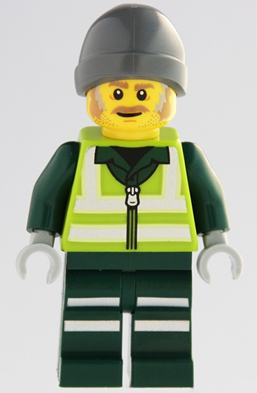 LEGO Recycling Worker - Male, Lime Safety Jacket with Reflective Stripes, Dark Green Legs with Reflective Stripes, Dark Bluish Gray Beanie minifigure