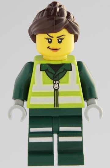 LEGO Recycling Worker - Female, Lime Safety Jacket with Reflective Stripes, Dark Green Legs with Reflective Stripes, Dark Brown Ponytail and Swept Sideways Fringe minifigure