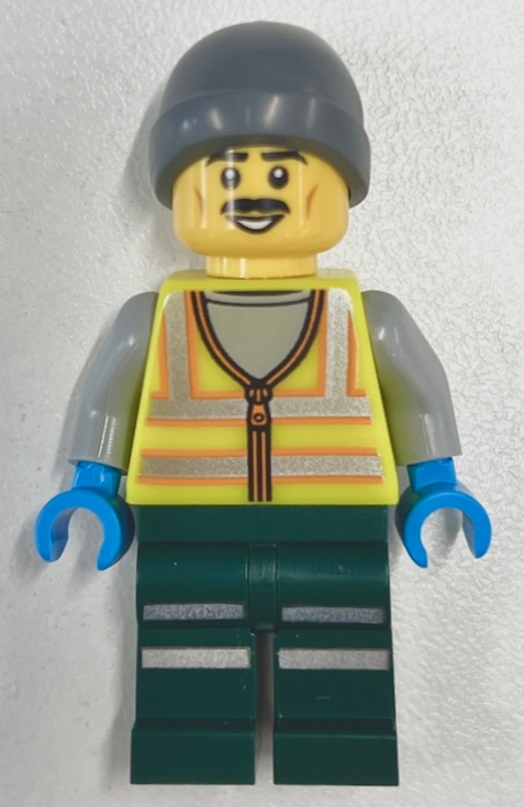 LEGO Snowplow Driver - Male, Neon Yellow Safety Vest with Reflective Stripes, Dark Green Legs with Reflective Stripes, Gray Beanie minifigure
