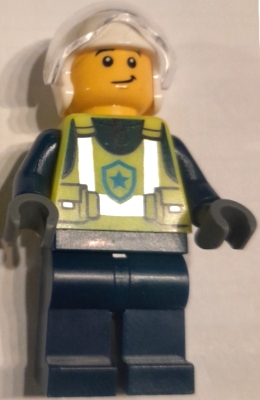 LEGO Police - City Officer Male, Neon Yellow Safety Vest, Dark Blue Legs, White Flight Helmet, Trans-Clear Visor, Lopsided Grin / Scared minifigure cty1967