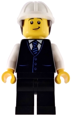 LEGO Construction Engineer / Architect - Male, Black Vest with Blue Striped Tie, Black Legs, White Construction Helmet with Dark Brown Hair, Lopsided Grin minifigure cty1971