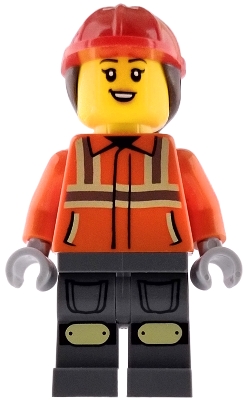 LEGO Construction Worker - Female, Reddish Orange Safety Jacket with Reflective Stripes, Dark Bluish Gray Legs, Red Construction Helmet with Dark Brown Ponytail Hair, Open Mouth Smile with Top Teeth minifigure cty1972