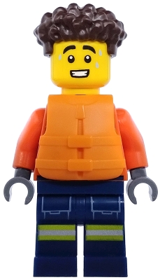 LEGO Coast Guard City - Male, Reddish Orange Jacket with Pockets and Reflective Stripes, Dark Blue Legs with Pockets and Reflective Stripes, Orange Life Jacket, Dark Brown Hair minifigure cty1974