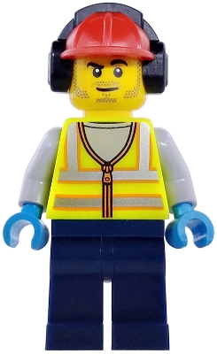 LEGO Airport Worker - Male, Neon Yellow Safety Vest with Reflective Stripes, Dark Blue Legs, Red Construction Helmet with Black Ear Protectors / Headphones, Stubble minifigure cty1976