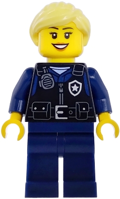 LEGO Airport Security Guard - Female, Black Safety Vest with Silver Star Badge Logo, Dark Blue Legs, Bright Light Yellow Hair Ponytail minifigure cty1979