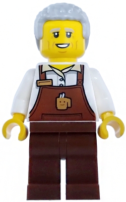 LEGO Barista - Male, Reddish Brown Apron with Cup and Name Tag, Reddish Brown Legs, Light Bluish Gray Hair Coiled minifigure cty1981