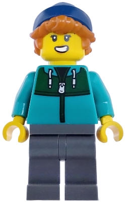 LEGO Plane Passenger - Female, Dark Turquoise Jacket with Dark Green Panel, Dark Bluish Gray Legs, Dark Blue Beanie minifigure cty1983