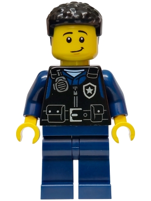LEGO Police - City Officer Male, Black Safety Vest with Silver Star Badge Logo, Dark Blue Legs, Black Coiled Hair minifigure cty1989