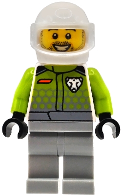LEGO Race Car Driver - Male, Lime Racing Suit with Leopard Logo, Light Bluish Gray Legs, White Helmet, Trans-Clear Visor, Beard Stubble, Open Mouth Smile minifigure cty1994