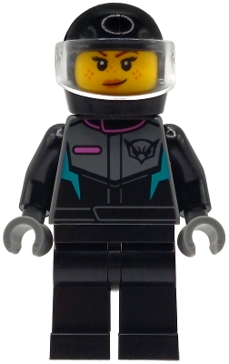 LEGO Jet Pilot - Female, Racing Suit with Hawk Head Logo, Black Legs, Black Helmet, Trans-Clear Visor, Smirk / Wink minifigure cty1995