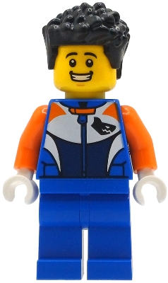 LEGO Bike Racer - Male, Racing Suit with Shark Head Logo, Blue Legs, Black Hair Short minifigure cty1996