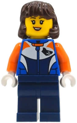 LEGO Bike Racer - Female, Racing Suit with Shark Head Logo, Dark Blue Legs, Dark Brown Hair Mid-Length minifigure cty1997