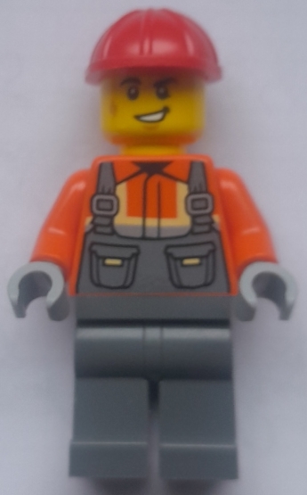 LEGO Construction Worker - Male, Dark Bluish Gray Overalls over Reddish Orange Safety Jacket with Reflective Stripes, Dark Bluish Gray Legs, Red Construction Helmet, Lopsided Grin and Scuff minifigure cty1998