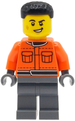 LEGO Formula 1 Pit Crew Member - Male, Reddish Orange Racing Suit with Pockets, Dark Bluish Gray Legs, Black Hair, Scuff Mark minifigure cty2001