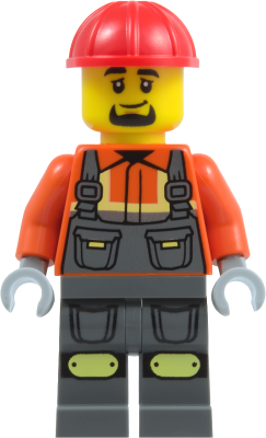 LEGO Construction Worker - Male, Dark Bluish Gray Overalls over Reddish Orange Safety Jacket with Reflective Stripes, Dark Bluish Gray Legs with Knee Pads, Red Construction Helmet, Goatee minifigure cty2009