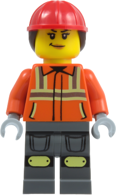 LEGO Construction Worker - Female, Reddish Orange Safety Jacket with Reflective Stripes, Dark Bluish Gray Legs with Knee Pads, Red Construction Helmet with Dark Brown Ponytail Hair, Smirk minifigure cty2010