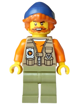 LEGO Fisherman - Dark Tan Vest over Orange Shirt, Olive Green Legs, Dark Blue Beanie, Dark Orange Hair minifigure cty2013