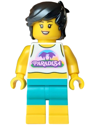 LEGO Surfer - Female, White Tank Top Cropped, Dark Turquoise Shorts, Black Hair Short Tousled minifigure cty2014