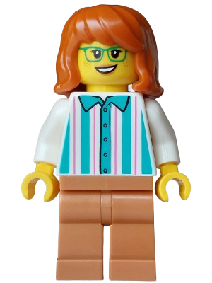 LEGO Ice Cream Vendor - Female, White Shirt with Dark Turquoise Stripes, Medium Nougat Legs, Dark Orange Hair, Green Glasses minifigure cty2015
