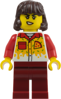LEGO Pizza Delivery Driver - Female, Dark Red Legs, Dark Brown Hair Mid-Length minifigure cty2016