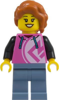 LEGO Pizza Restaurant Patron - Female, Dark Pink Hoodie, Sand Blue Legs, Dark Orange Hair minifigure cty2019