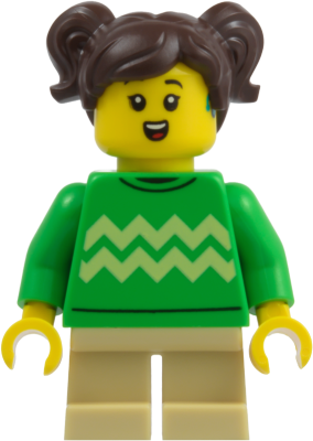 LEGO Child - Girl, Bright Green Sweater with Bright Light Yellow Zigzag Lines, Hearing Aid, Tan Short Legs, Dark Brown Hair with Pigtails minifigure cty2020