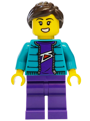 LEGO Mountain Bike Cyclist -  Female, Dark Turquoise Jacket, Dark Purple Legs, Dark Brown Ponytail minifigure cty2022