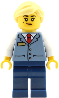 LEGO Station Master - Female, Sand Blue Vest over White Shirt, Dark Blue Legs, Bright Light Yellow Ponytail minifigure cty2023