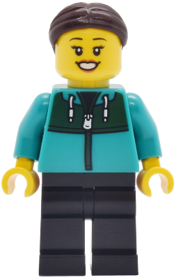 LEGO Car Wash Patron - Female, Dark Turquoise Track Suit, Black Legs, Dark Brown Hair minifigure cty2037