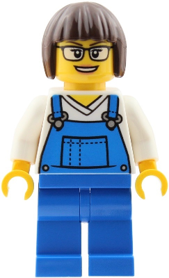 LEGO Truck Driver - Female, Blue Overalls over V-Neck Shirt, Blue Legs, Dark Brown Bob Cut Hair, Glasses minifigure cty2039