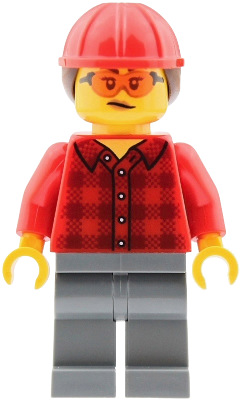 LEGO Mobile Crane Operator - Female, Red Plaid Flannel Shirt, Dark Bluish Gray Legs, Red Construction Helmet with Dark Brown Ponytail Hair, Safety Glasses minifigure cty2040