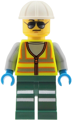 LEGO Train Worker - Male, Neon Yellow Safety Vest with Reflective Stripes, Dark Green Legs with Reflective Stripes, White Construction Helmet, Sunglasses minifigure cty2041