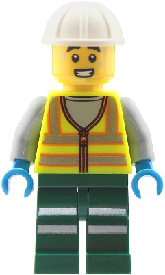 LEGO Train Worker - Male, Neon Yellow Safety Vest with Reflective Stripes, Dark Green Legs with Reflective Stripes, White Construction Helmet, Sweat Drops minifigure cty2042
