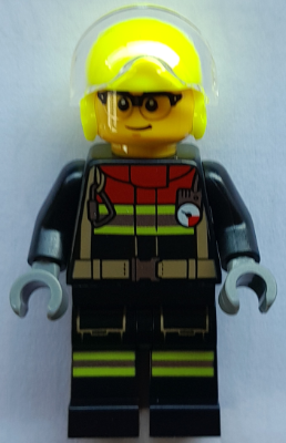 LEGO Fire - Male, Black Jacket and Legs with Reflective Stripes and Red Collar, Neon Yellow Flight Helmet, Trans-Clear Visor minifigure cty2043