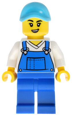 LEGO Car Wash Worker - Female, Blue Overalls and Legs, Medium Azure Hat minifigure cty2044