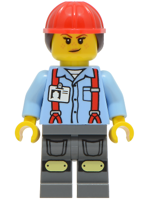 LEGO Construction Worker - Female, Bright Light Blue Shirt with Red Suspenders, Dark Bluish Gray Legs with Knee Pads, Red Construction Helmet with Dark Brown Ponytail Hair minifigure cty2045